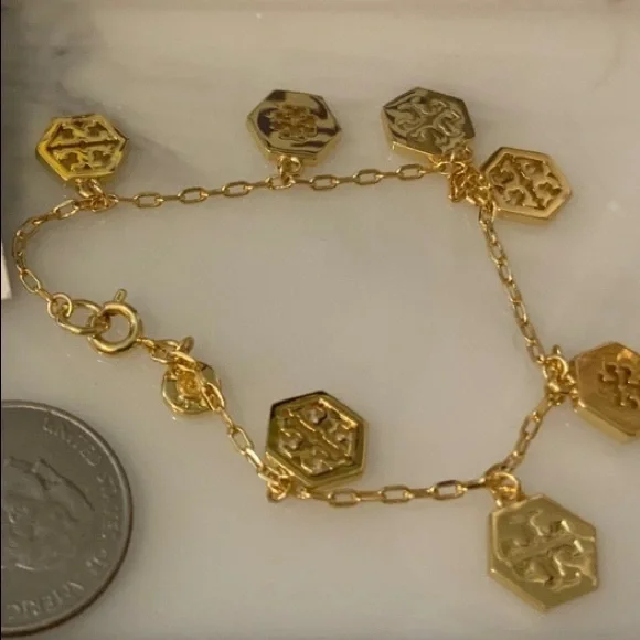 Tory Burch gold delicate hexagon logo charms bracelet - Picture 3 of 5